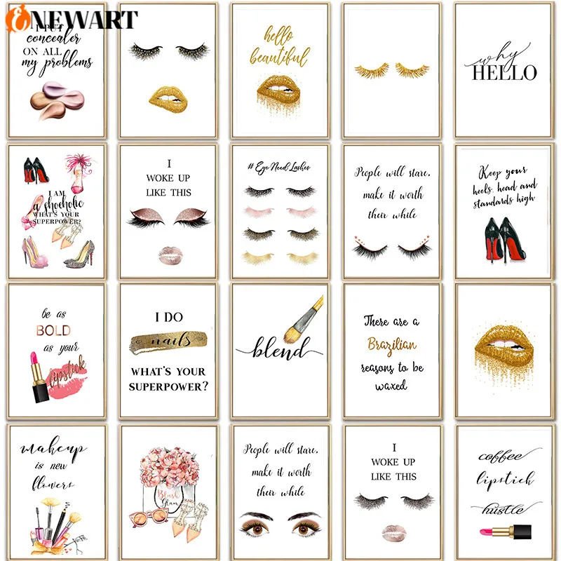 Розовый макияж стены искусства Золотая фольга ресниц Холст Картина Печать Мода