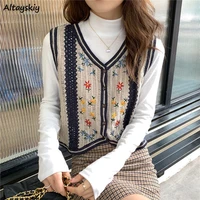 single breasted vests women flower embroidery hollow out aesthetic crop top vintage slim sleeveless knitwear stylish waistcoats