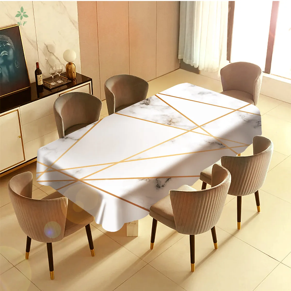 

White Grey And Interlaced Gold Marble Lines Waterproof And Oil Proof Tablecloth, Table Decoration