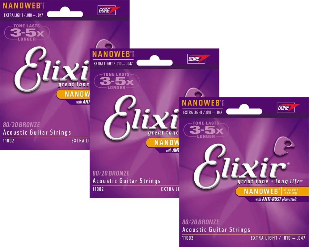 3 Наборы Elixir Polyweb Nanoweb покрытие антикоррозийное 80/20 бронзовые для акустической гитары струны