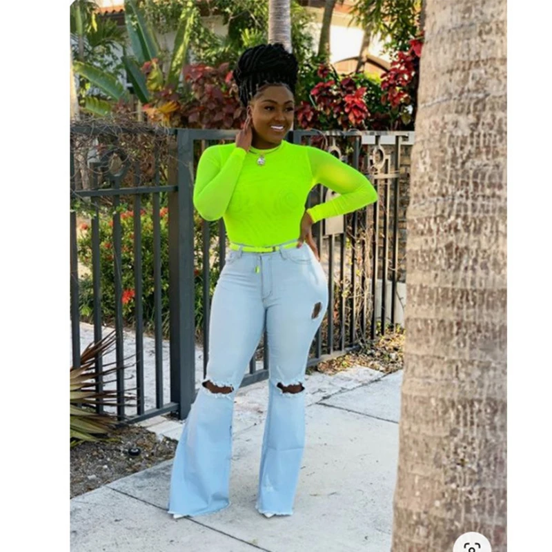 

Fashion 2021 Spring autumn Women's Jeans Broken hole High Waist Streetwear Tattered Sexy Bell Bottoms Women's Pants Women's