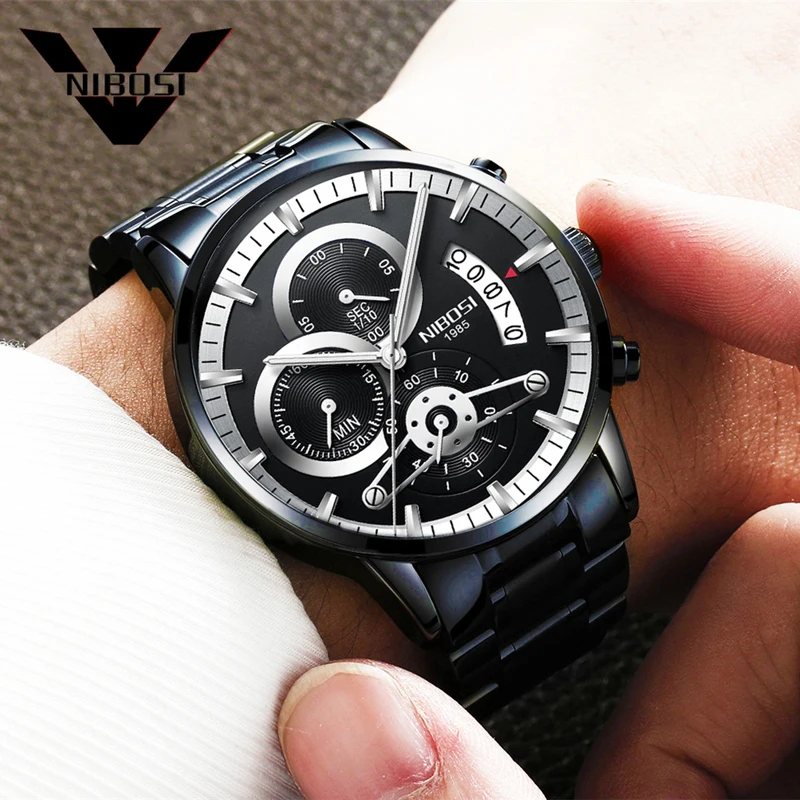 NIBOSI Stainless Steel Waterproof Mens Watches Top Brand Luxury Quartz Watch Man Sports Chronograph Wristwatch Relogio Masculino