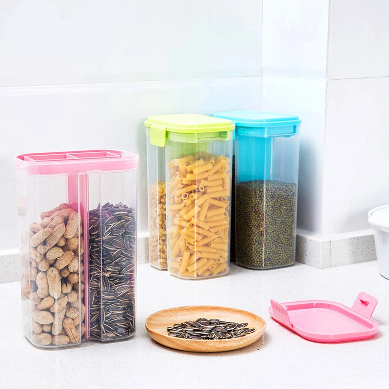 

Plastic Rice Grain Sealed Cans Large Food Beans Snack Storage Box Separated StorageTanks Kitchen Dried Fruit Container Organizer