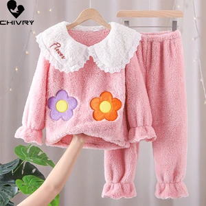 New 2021 Kids Girls Autumn Winter Thicken Flannel Pajama Sets Flower Long Sleeve Lapel Tops with Pants Sleeping Clothing Sets