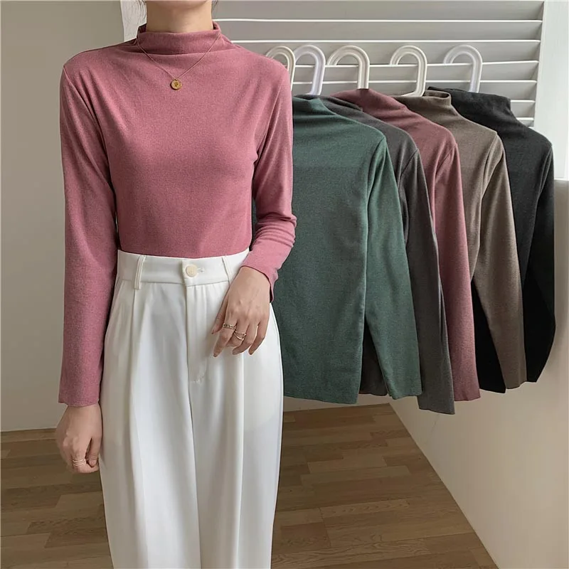 

Solid Basic Long Sleeve Women Small High Neck Skinny Tshirt Casual Simple Black Fashion Top Female T Shirt Ladies Fashion Tee