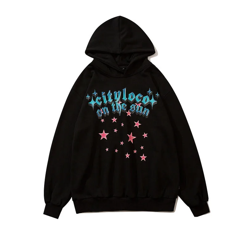 

2021 Kpop Letter Star Print Retro Green Hoodies Men Harajuku Sweatshirt Cotton Couples Hooded Pullover Korean Clothes For Teens