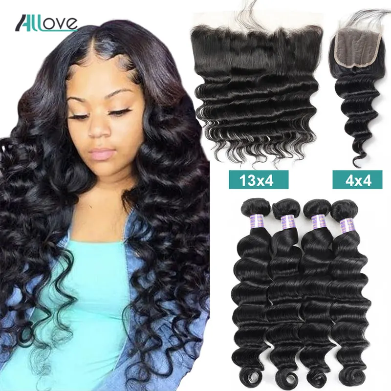 Волнистые волнистые пряди Allove перуанские с закрытием 100% человеческие волосы Remy