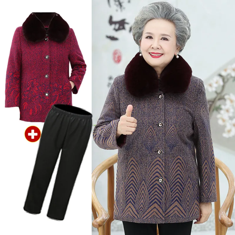 Женское зимнее бархатное теплое пальто для пожилых женщин с меховым воротником
