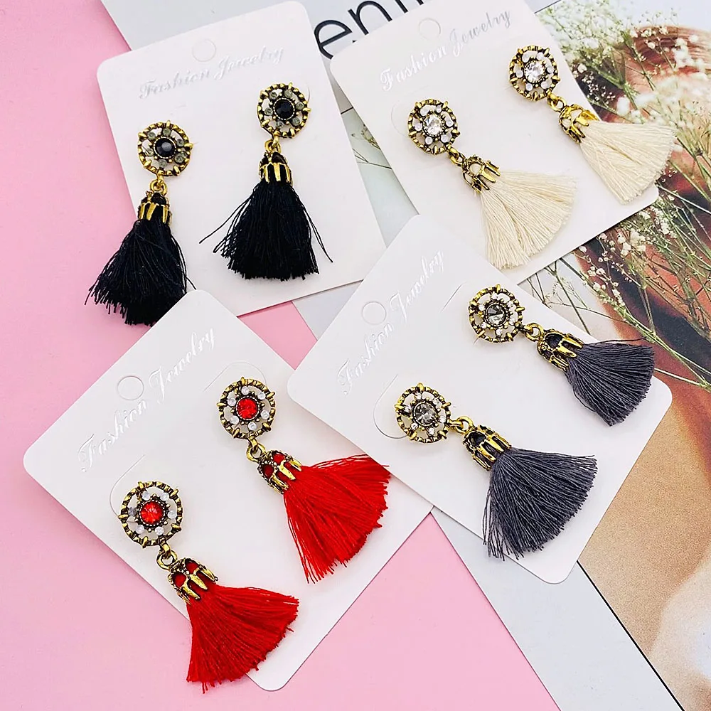 

1Pair Bohemian Tassel Crystal Long Drop Earrings for Women Red White Cotton Fringe Earrings Fashion Jewelry