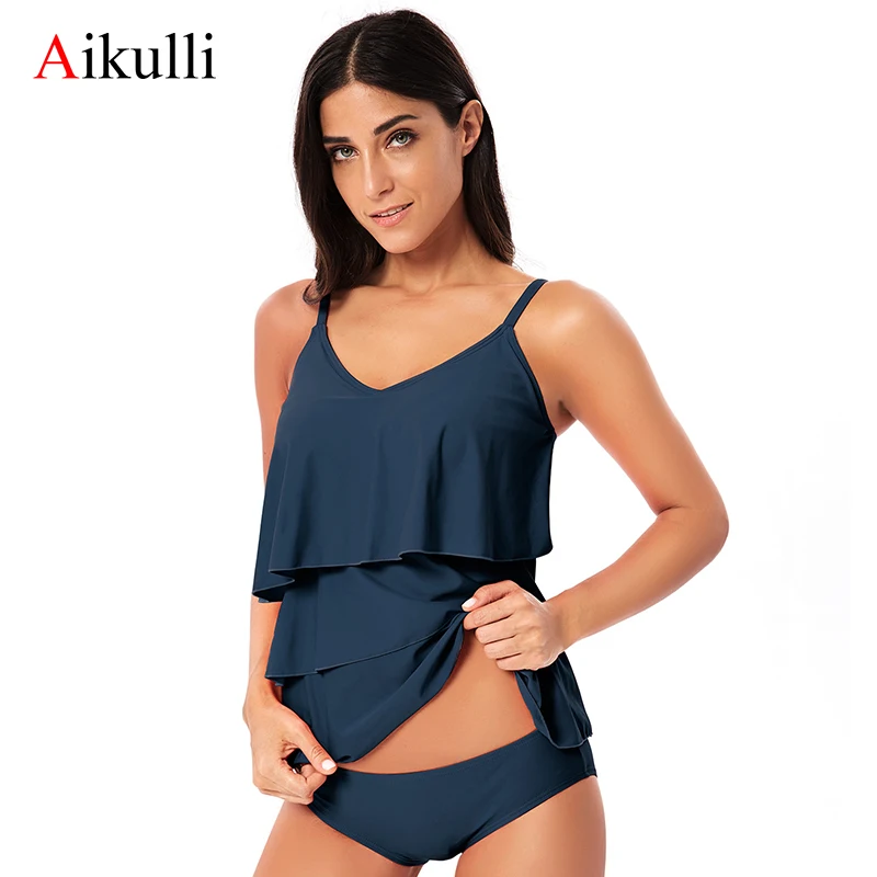 Aikulli Two Piece Swimsuit Women V-Neck Tiered Ruffle Tankini Push Up Swimwear Plus Size Bathing Suits Low Waist Swimming Shorts | Спорт и