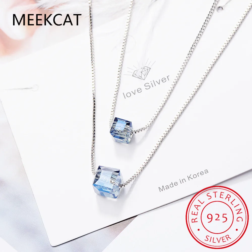 

925 Sterling Silver Double Layer Square Box Simple Cube Crystal Necklace For Women choker Colar de Prata S-N194