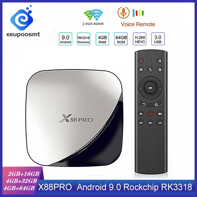 ТВ приставка X88 pro на Android 9 0 с голосовым гироскопом 4 ГБ 64 Rockchip RK3318 ядра 2 ГГц и Φ Wi Fi