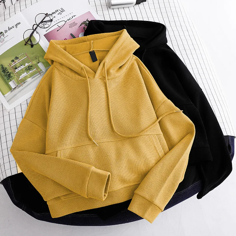 

2021 New Fashion Korean Style Short Hoodies Women Autumn Outerwear Clothes Warm Ladies Hoody Pullover Solid Chic Ins Sweatshirt