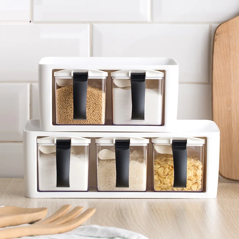 

Plastic Spice Rack Stacked Storage Seasoning Boxes Spice Jars With Handle Spoon Kitchen Storage Container for Herb Condiment