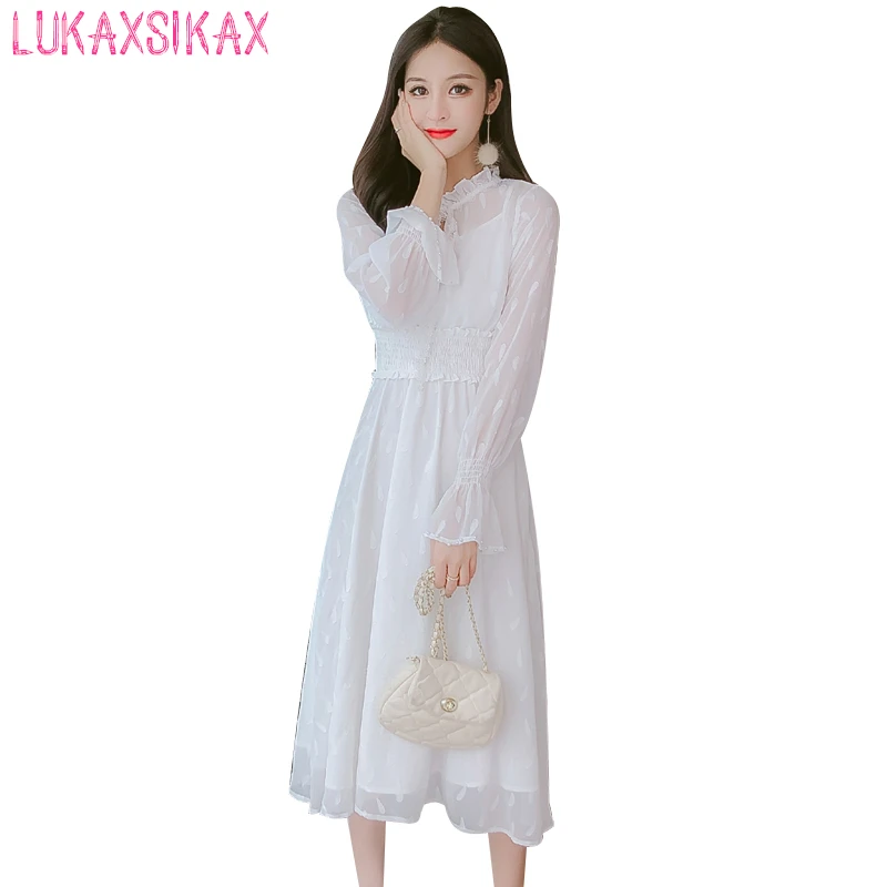 

Женское длинное шифоновое платье, Белое Кружевное облегающее платье с оборками на воротнике и длинным рукавом, весна-осень 2020