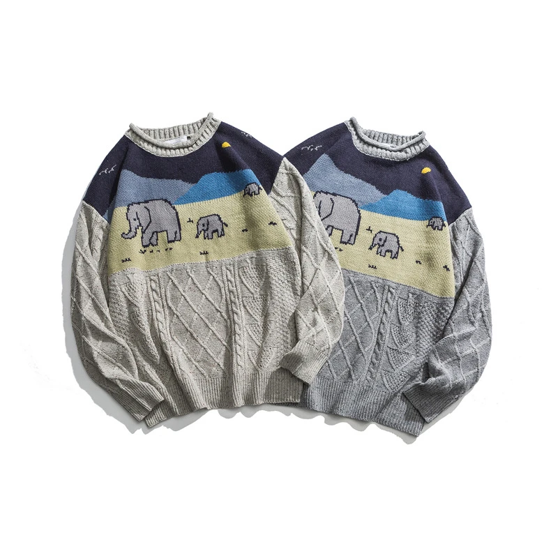 Японский Харадзюку кабель вязать слон Графический свитер для мужчин и женщин