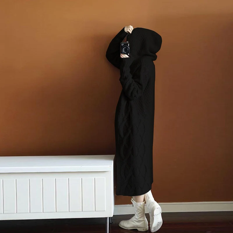 Женский вязаный свитер с капюшоном HAMALIEL серый плотный Свободный кардиган