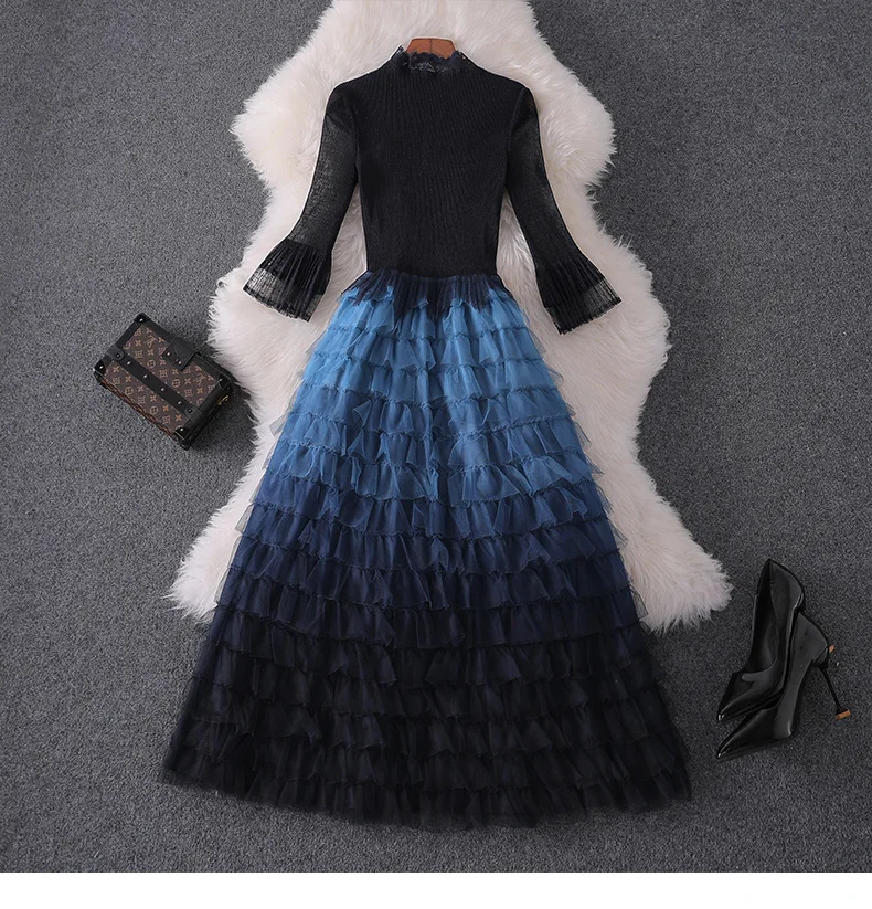 Women fashion autumn winter ruffles dress lace inset falre sleeve fit and flare cute dresses new blue