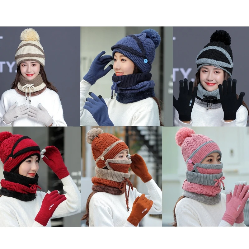 

Women Winter 4Pcs Beanie Hat Scarf Face Mask Touch Screen Gloves Set Plush Lined Knit Pompom Skull Cap Neck Warmer