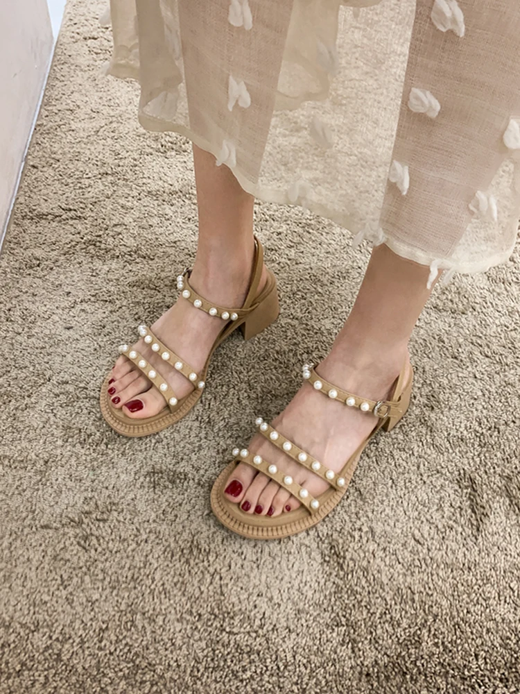 

2021 Summer Luxury Sandals Comfort Shoes for Women Med Clear Heels Suit Female Beige Fashion Pearl New Girls Medium Black High R