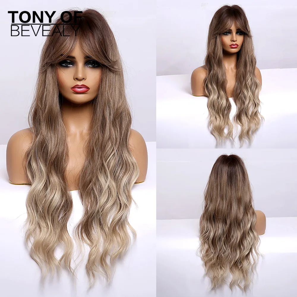 Длинные волнистые коричневые парики с эффектом омбре и челкой термостойкие