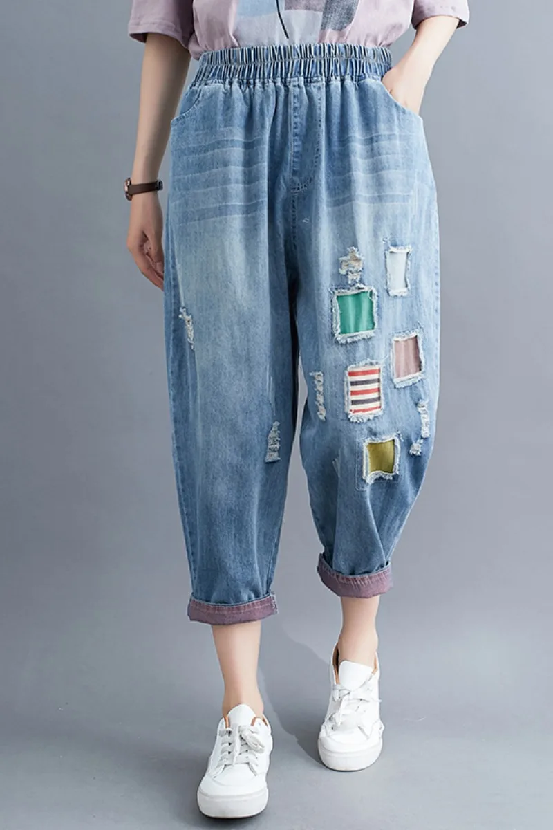 

Jeans Women High Waist Loose Wild Hip Hop Summer Casual Personalize Patchwork Stripe Bleached Large Size Hole Denim Trousers