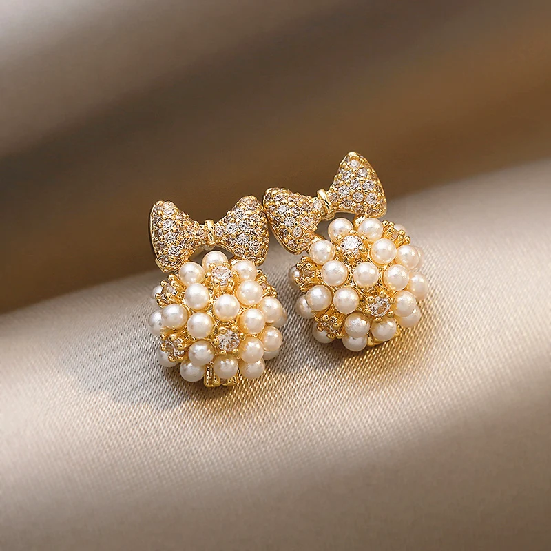 

Pearl Bow Earrings Female Korean Earrings Silver Needles Trendy Flower Studs Cute/Romantic Ins Christmas Vintage Jewelry