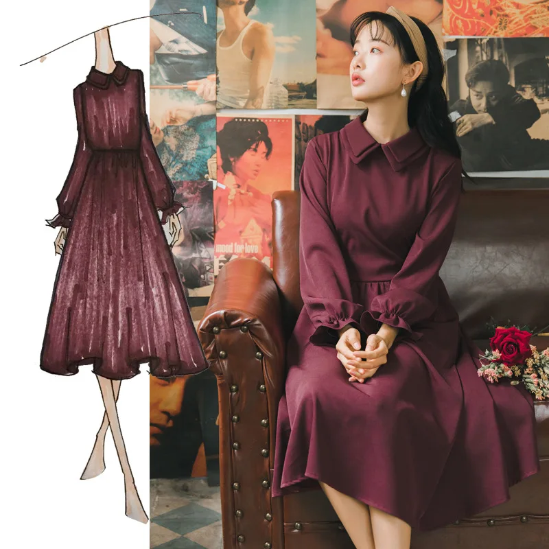 2019 новые модные женские платья цвета красного вина с длинными рукавами