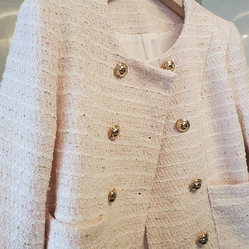 

2021 Spring Fall New French Retro Small Fragrant Double Breasted Gold Buckle Thin Tweed Short Jacket for Women Fashion Coats