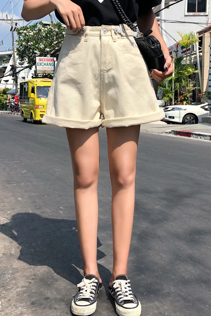

Streetwear womens shorts button denim high waist short harajuku denim fold wide legs blue shorts hot sale 2021 summer