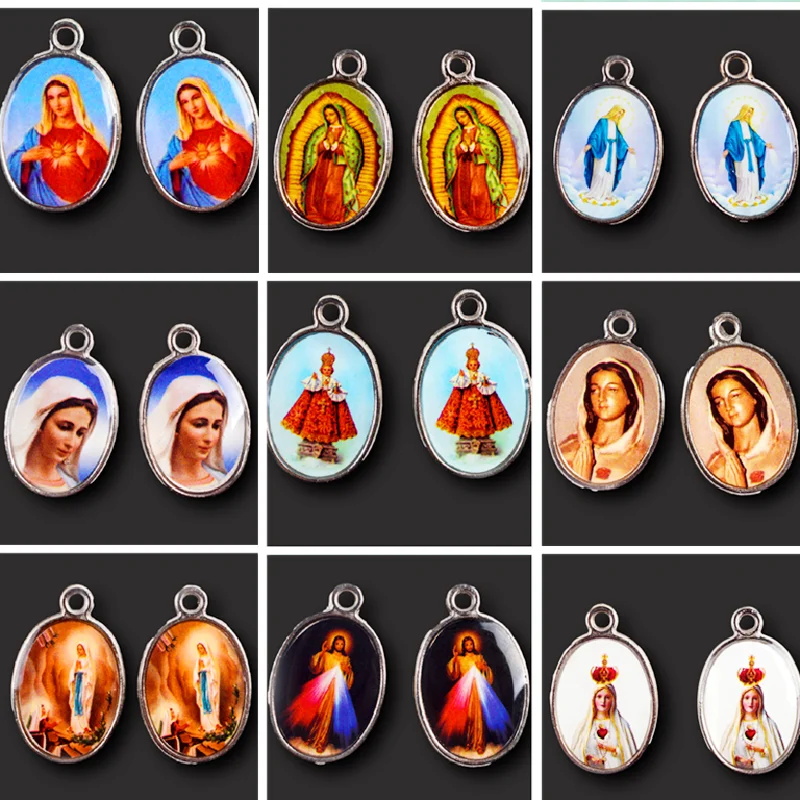 

5pcs Colored Double Sided Virgin Mary Rosary Pendant Christian Catholic Medal Supplies DIY Charms Jewelry Crafts Making A2316