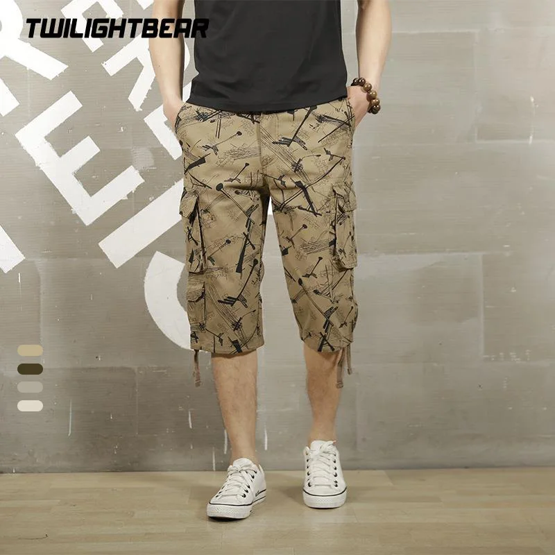 

Camo Mens Cropped Pants Summer Multiple Pockets Pure Cotton Beach Pants Male Casual Calf Length Pant Men Oversize Trousers AF109
