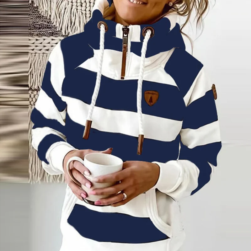 

Fashion Harajuku Drawstring Hooded Sweatshirt Winter Stripe Print Long Sleeve Pullover Tops Casual Pocket Warm New Women Hoodies