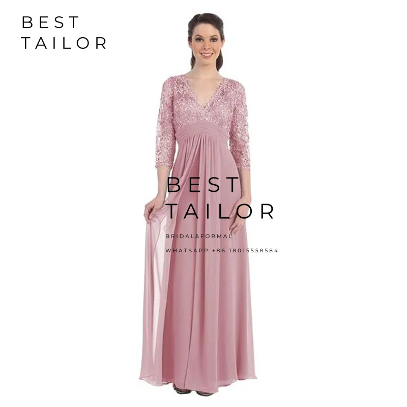 Платья для мамы невесты 2021 года на свадьбы Серебряная полная длина длинное платье с V-образным вырезом и 3/4 рукавами из шифона имперского стиля Kurti Vestido de Madrinha.