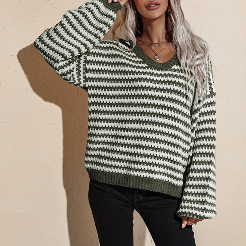 

Women's Casual Striped Sweaters Pullover Autumn And Winter Warm Female Pullover Knit Sexy Long-Sleeved V-Neck Tops Solid Color