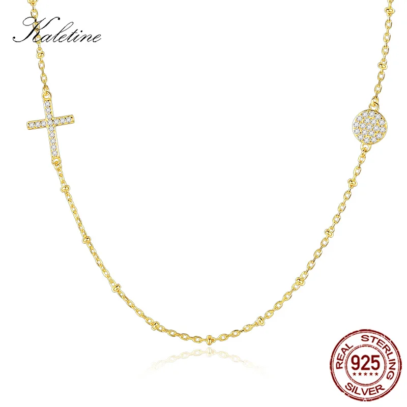 KALETINE, роскошное 925 пробы Серебряное ожерелье для женщин, Круглый цирконовый крест, христианское ювелирное изделие, злой глаз, золотое ожерелье, цепочка