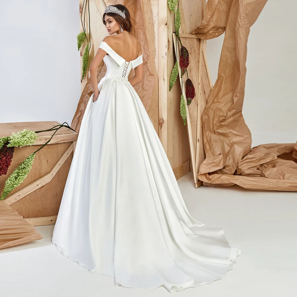 

Vestidos Elegant Wedding Dresses Satin Appliques Sweetheart Off-Shoulder Lace Up A-Line Bridal Gowns