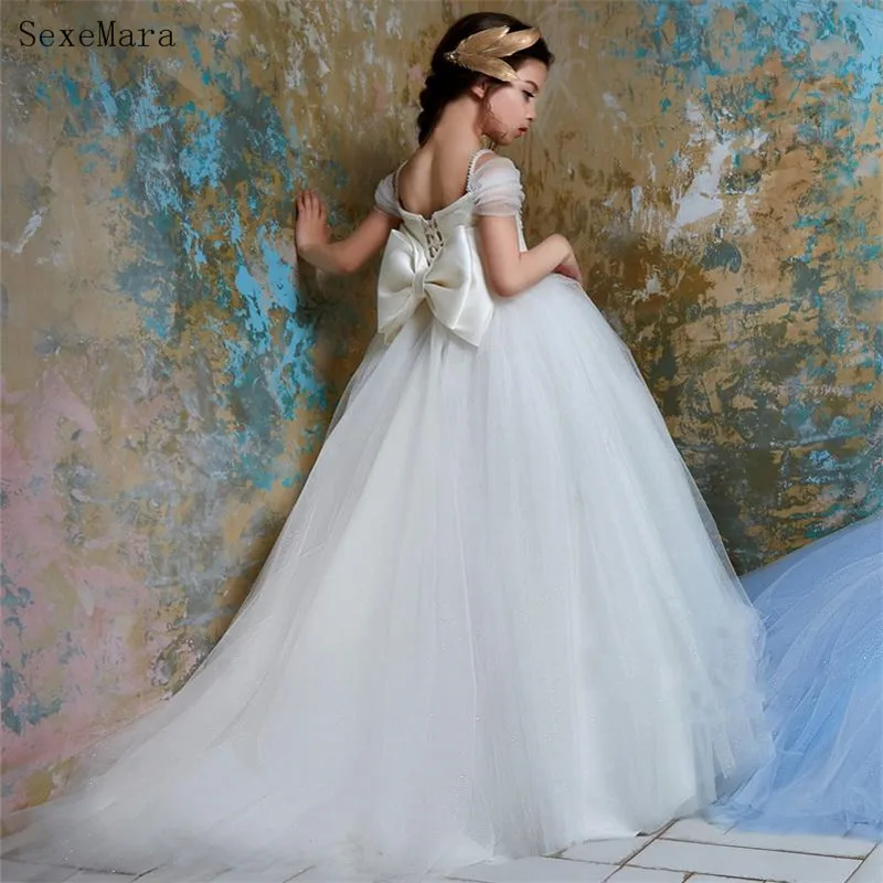 Flower Girl Dresses With Bow Beaded Crystal Lace Up Ball Gown First Communion Dress for Girls Vestidos
