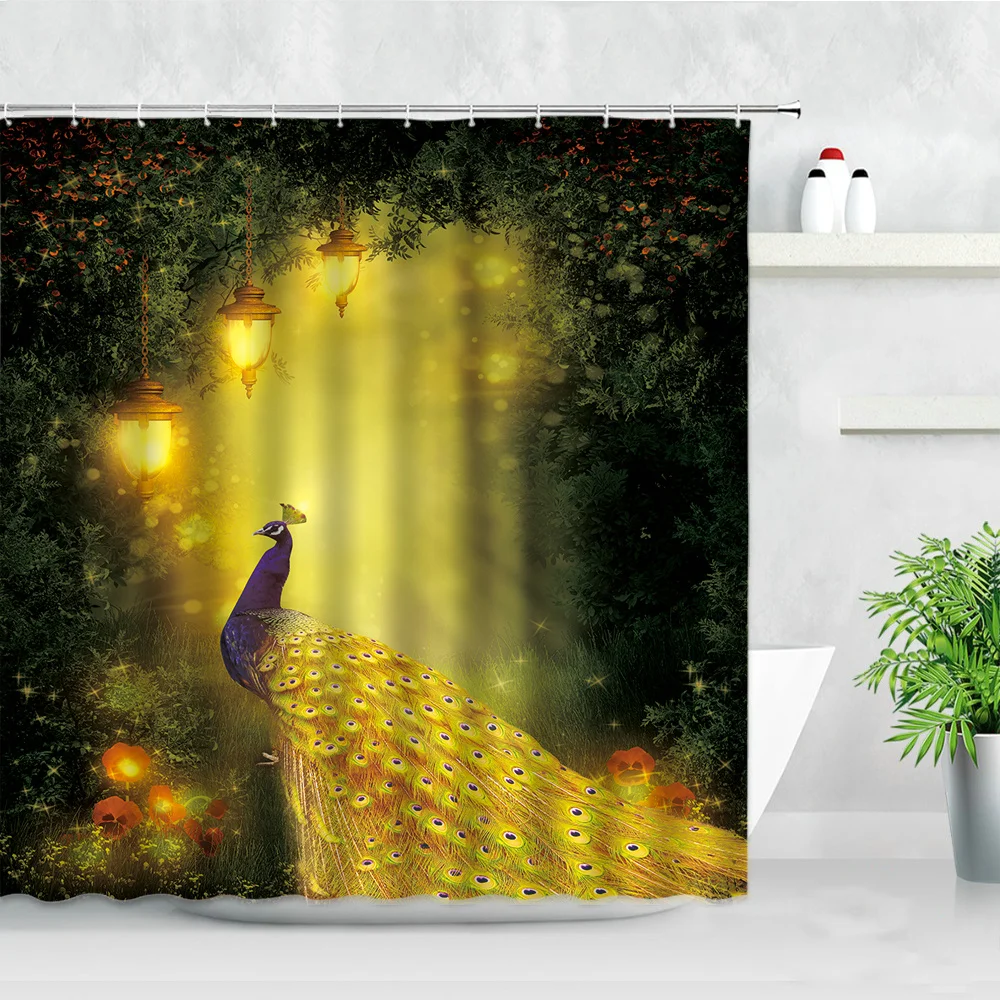 

Waterproof Bathroom Shower Curtain Set Green Light Forest Peacocks Butterfly Flowers Print Polyester Fabric Home Decor Curtains