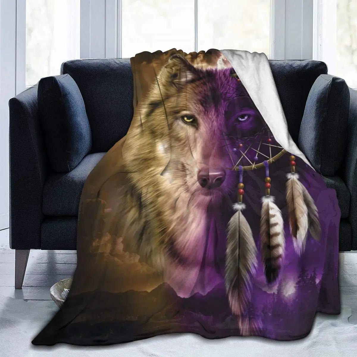 

Wolf Dreamcatcher Flannel Fleece Blanket, Super Soft Micro-Velvet Blanket, Super Soft Hypoallergenic Plush Bed Sofa Living Room