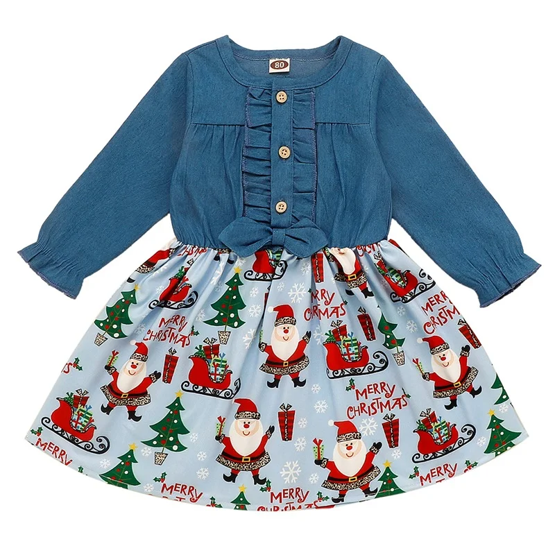 

Fashionable Christmas Dress With Long Sleeve Denim Floral Dress