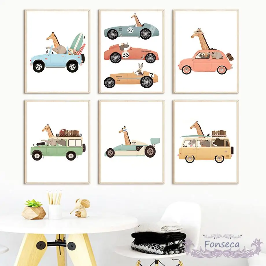 

Cartoon Animal Giraffe Elephant Bear Koala Hippo Drive Car To Travel Poster Nursery Wall Art Canvas Painting Kids Room Decor
