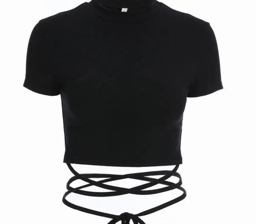 

Fashion Women Cross Bandage Crop Tops Lady Girl Turtleneck Summer Sexy T-Shirt Summer Short Sleeve Solid Tee Shirts Tops