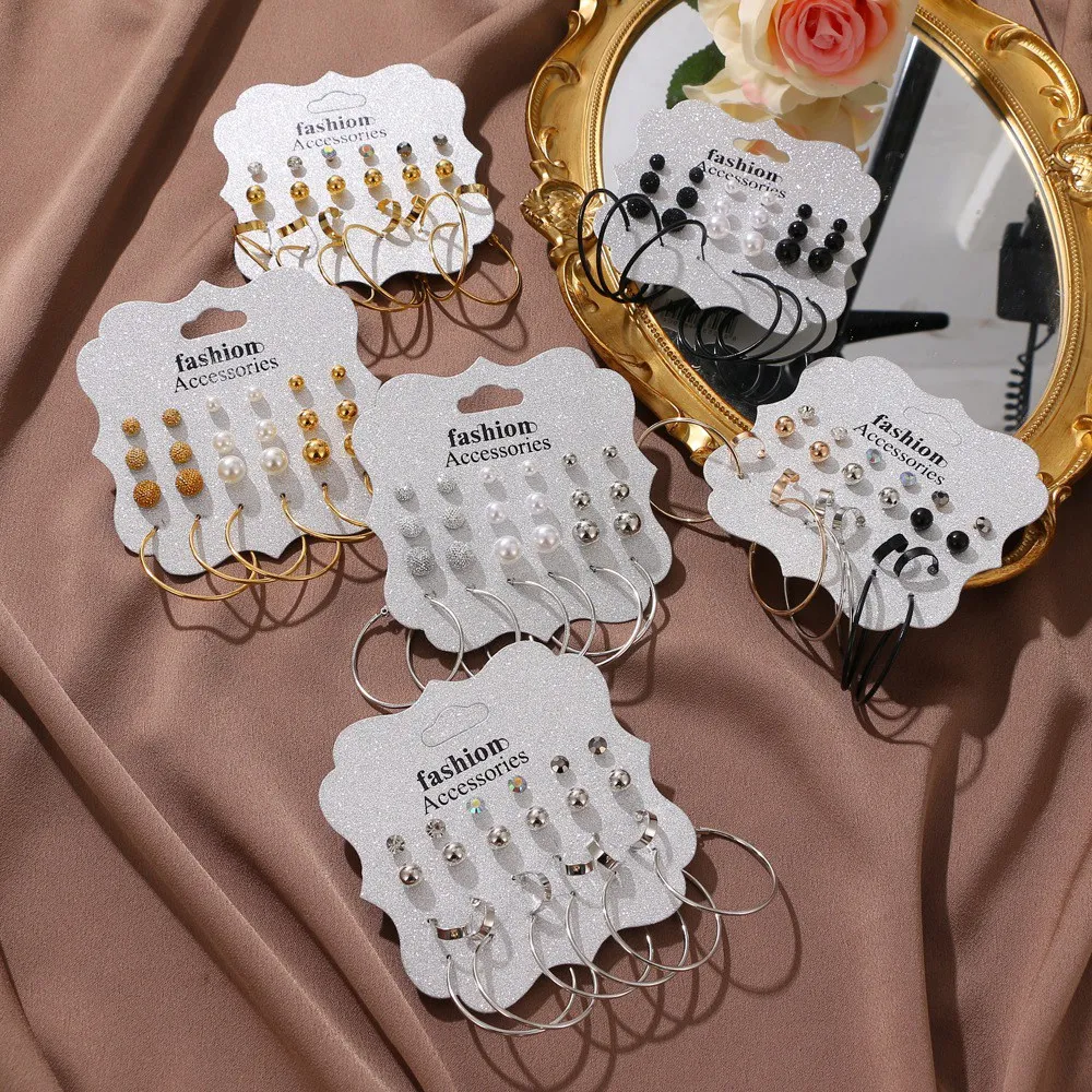 

VKME Fashion Gold Hoop Earrings Set For Women Geometirc Metal Circle Pearl Stud Earring Brincos 2021 Trend Jewelry Gift