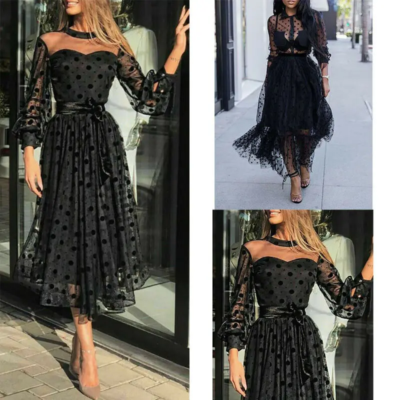 

Black Dot Dresses Sexy Evening Party Dress Women Ladies Lace Mesh See Through Lady Long Sleeve Ball Gown Clothing Plus Size