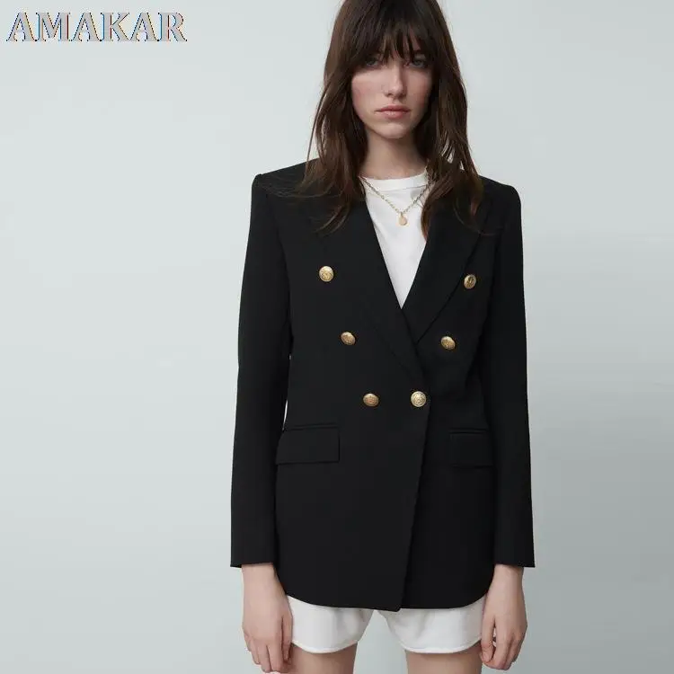 

Женский винтажный шерстяной пиджак, двубортный металлический пиджак с длинным рукавом, элегантная верхняя одежда, 2020