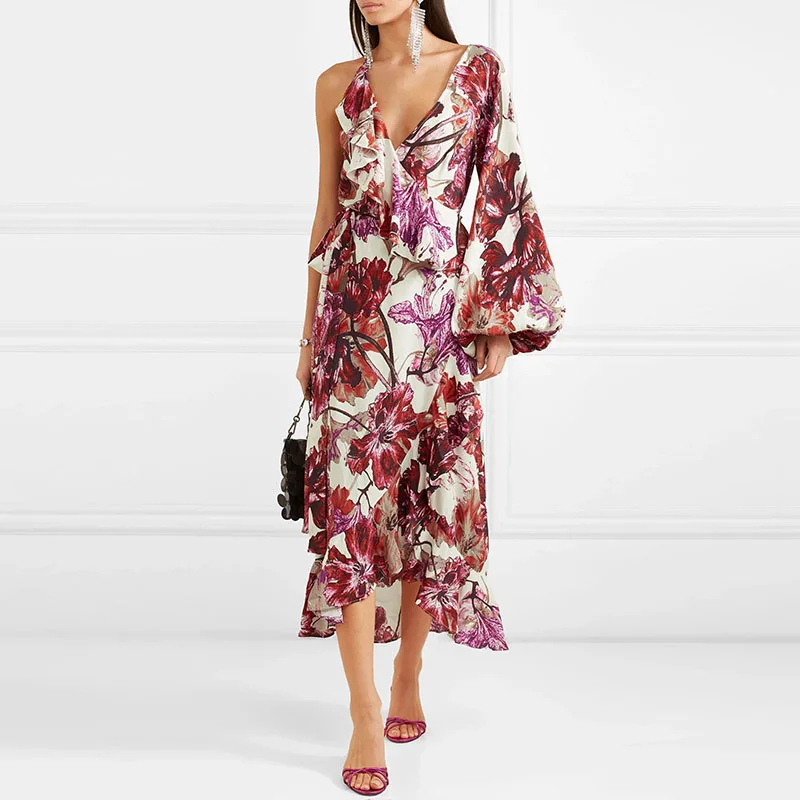 

Mandylandy Women's Sexy Spaghetti Strap Floral Print Loose Dress Summer Elegance V-neck Long Sleeve Split Irregular Dress