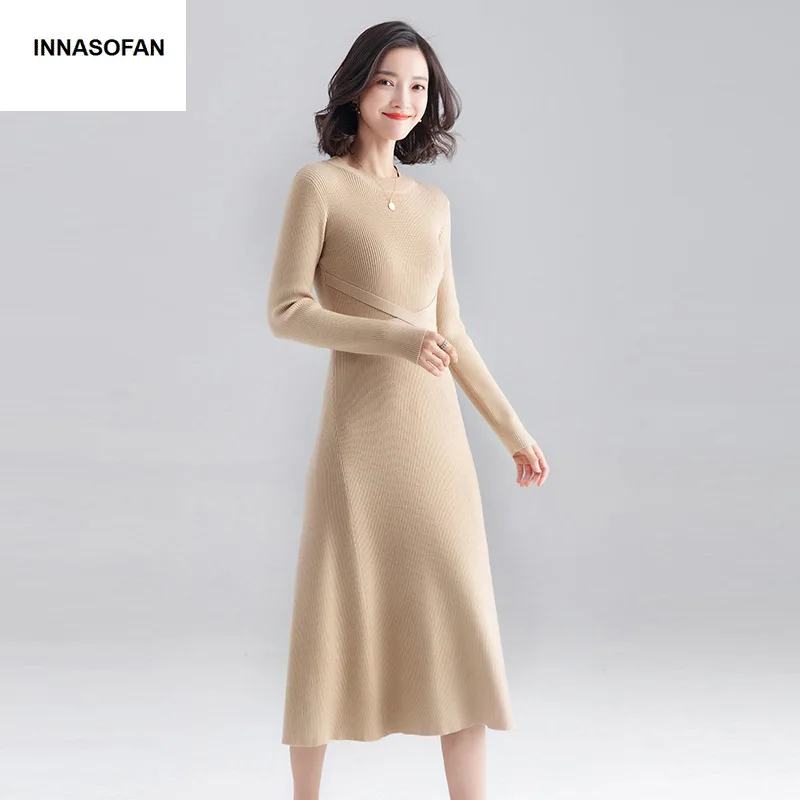 INNASOFAN knitted dress women Autumn Winter long-sleeved dress Euro-American fashion chic dress solid color