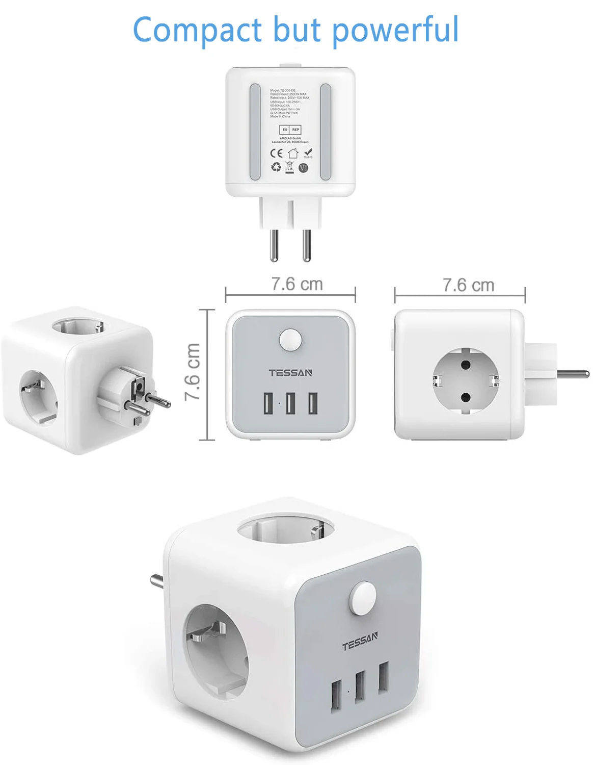 Сетевая розетка TESSAN с 3 розетками USB-порта 100-250 В |