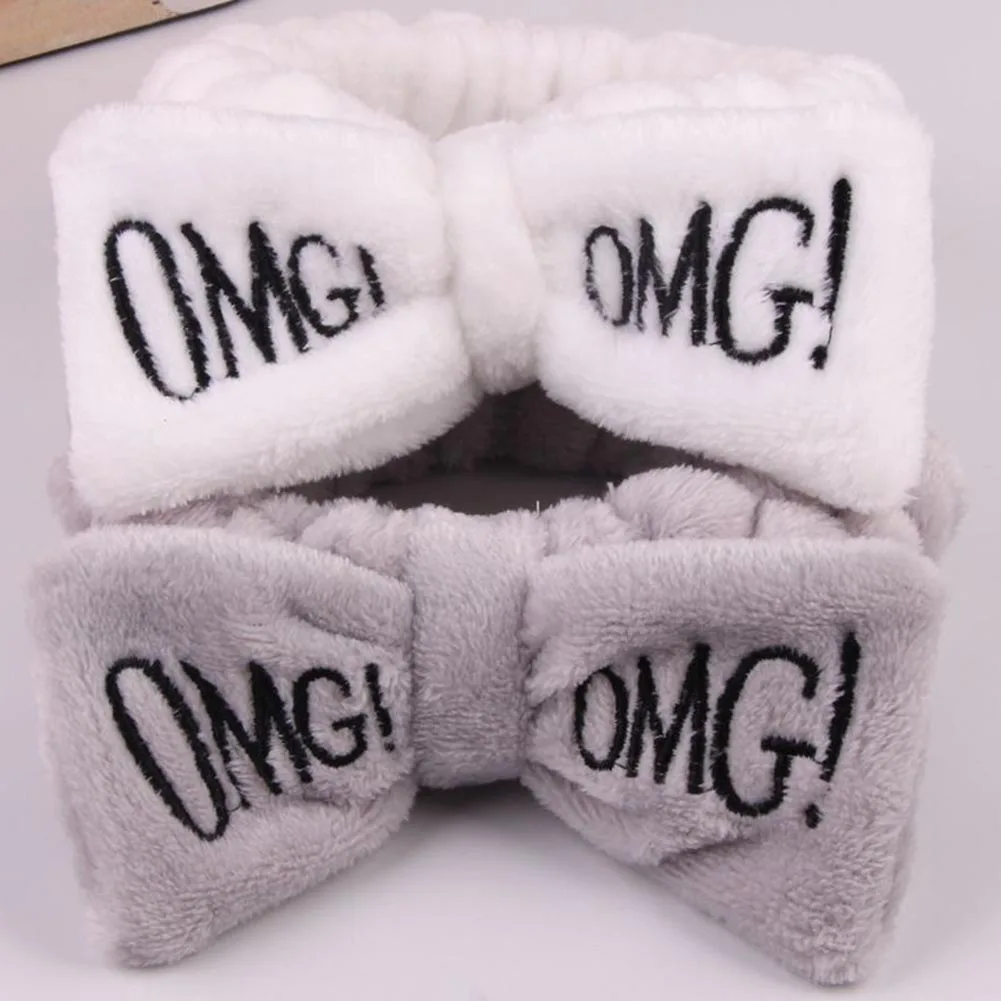 Повязка на голову женская из мягкого кораллового флиса с бантом и надписью OMG